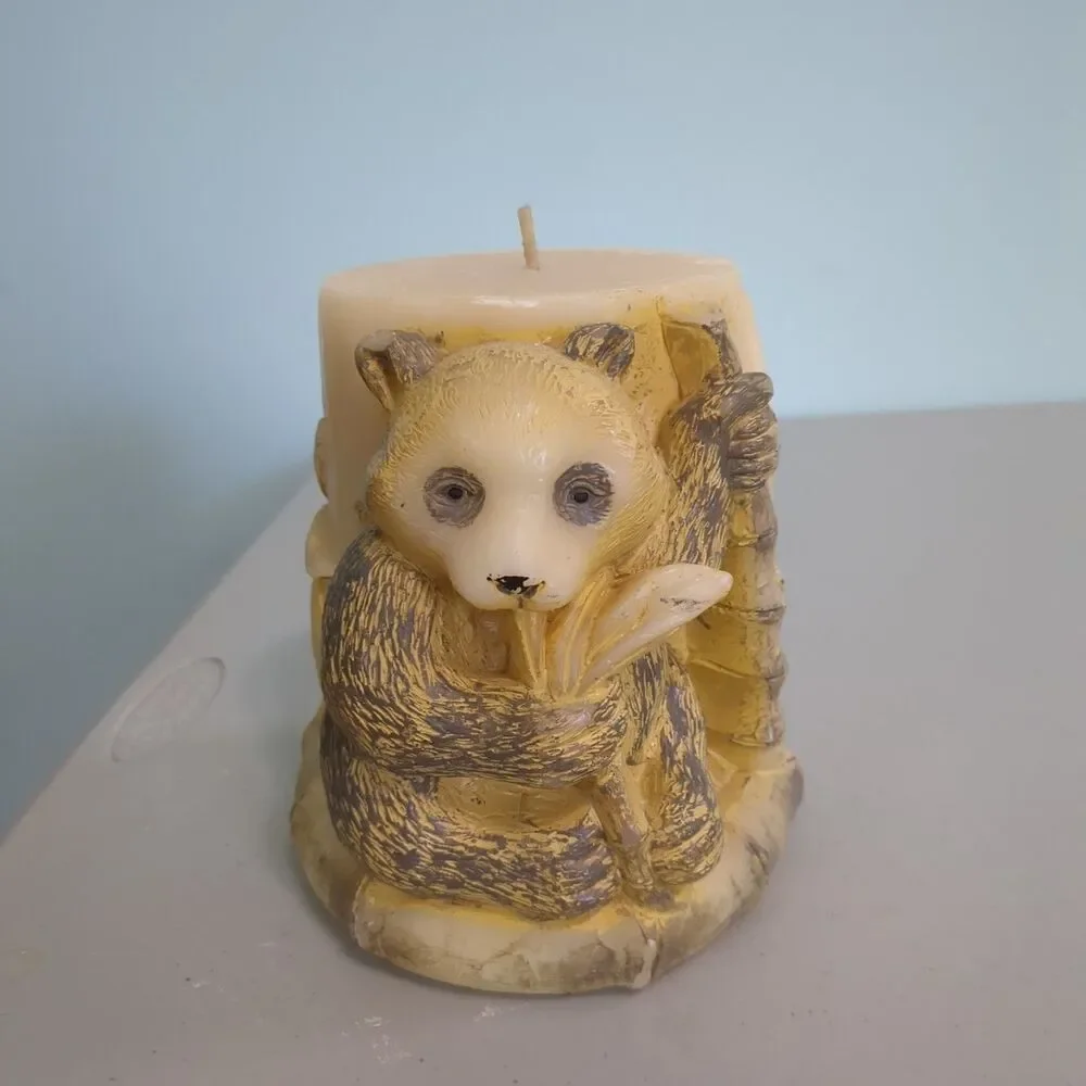 Animal Spirits Panda Bear Pillar Candle Sculpted Wax Handpainted Bamboo Lave